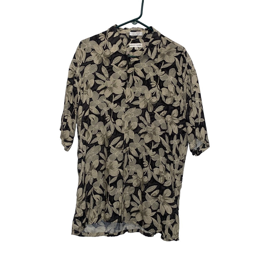 Pierre Cardin Mens Floral Rayon Button Down Shirt Large Black‎ Tan Tropical L